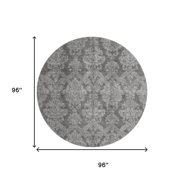 HomeRoots 8' Gray and Silver Damask Round Rug - Washable, UV-Protected, Stylish & Durable for Busy Homes 696365
