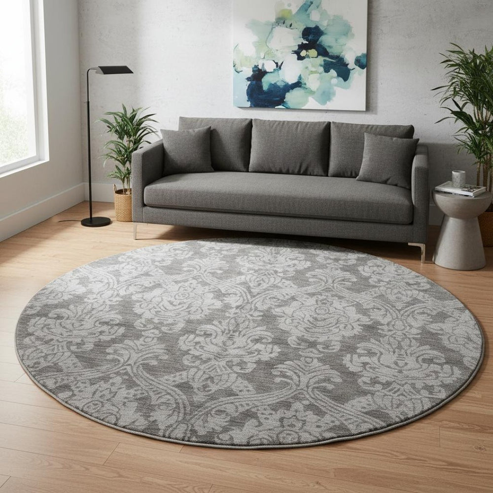 HomeRoots 8' Gray and Silver Damask Round Rug - Washable, UV-Protected, Stylish & Durable for Busy Homes 696365
