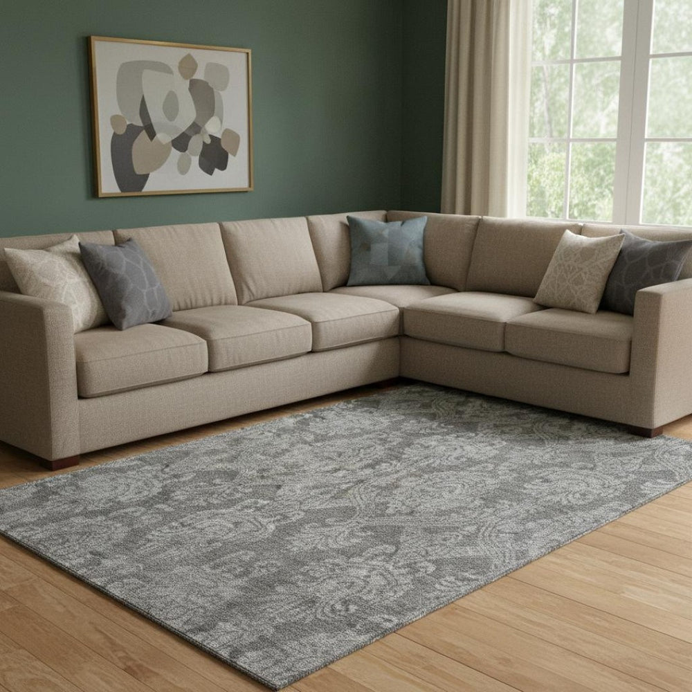 HomeRoots 8' X 10' Gray And Silver Damask Area Rug - Washable, UV Protected, Stain-Resistant & Non-Slip Backing 696366