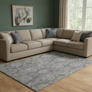 HomeRoots 8' X 10' Gray And Silver Damask Area Rug - Washable, UV Protected, Stain-Resistant & Non-Slip Backing 696366