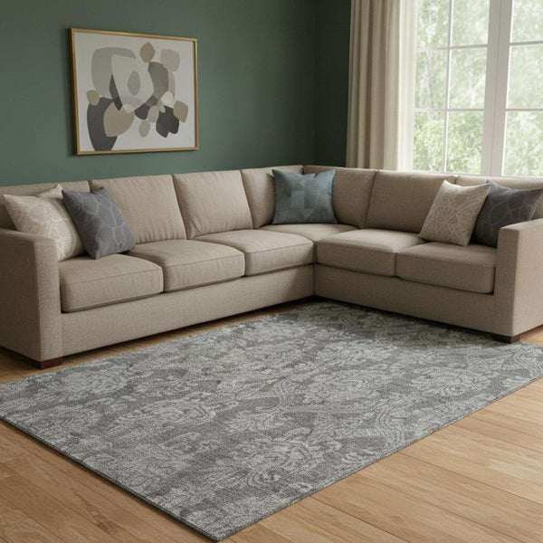 HomeRoots 8' X 10' Gray And Silver Damask Area Rug - Washable, UV Protected, Stain-Resistant & Non-Slip Backing 696366