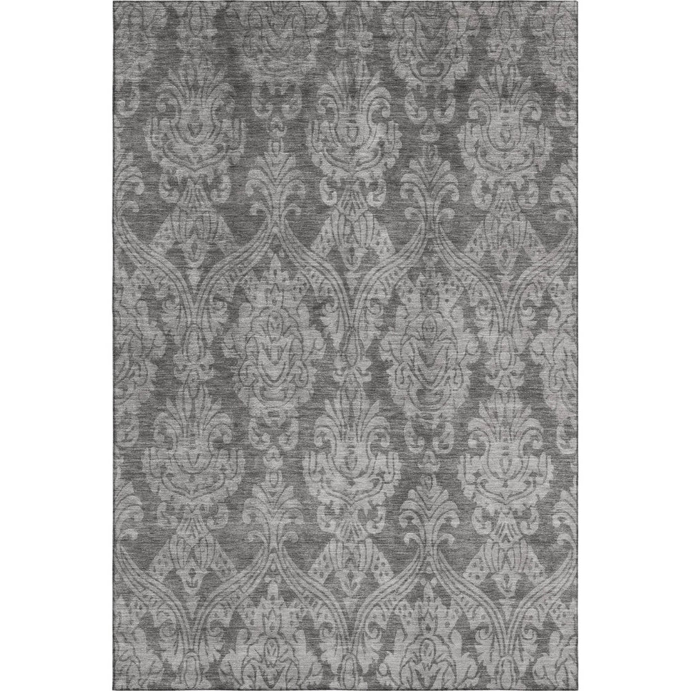 HomeRoots 8' X 10' Gray And Silver Damask Area Rug - Washable, UV Protected, Stain-Resistant & Non-Slip Backing 696366