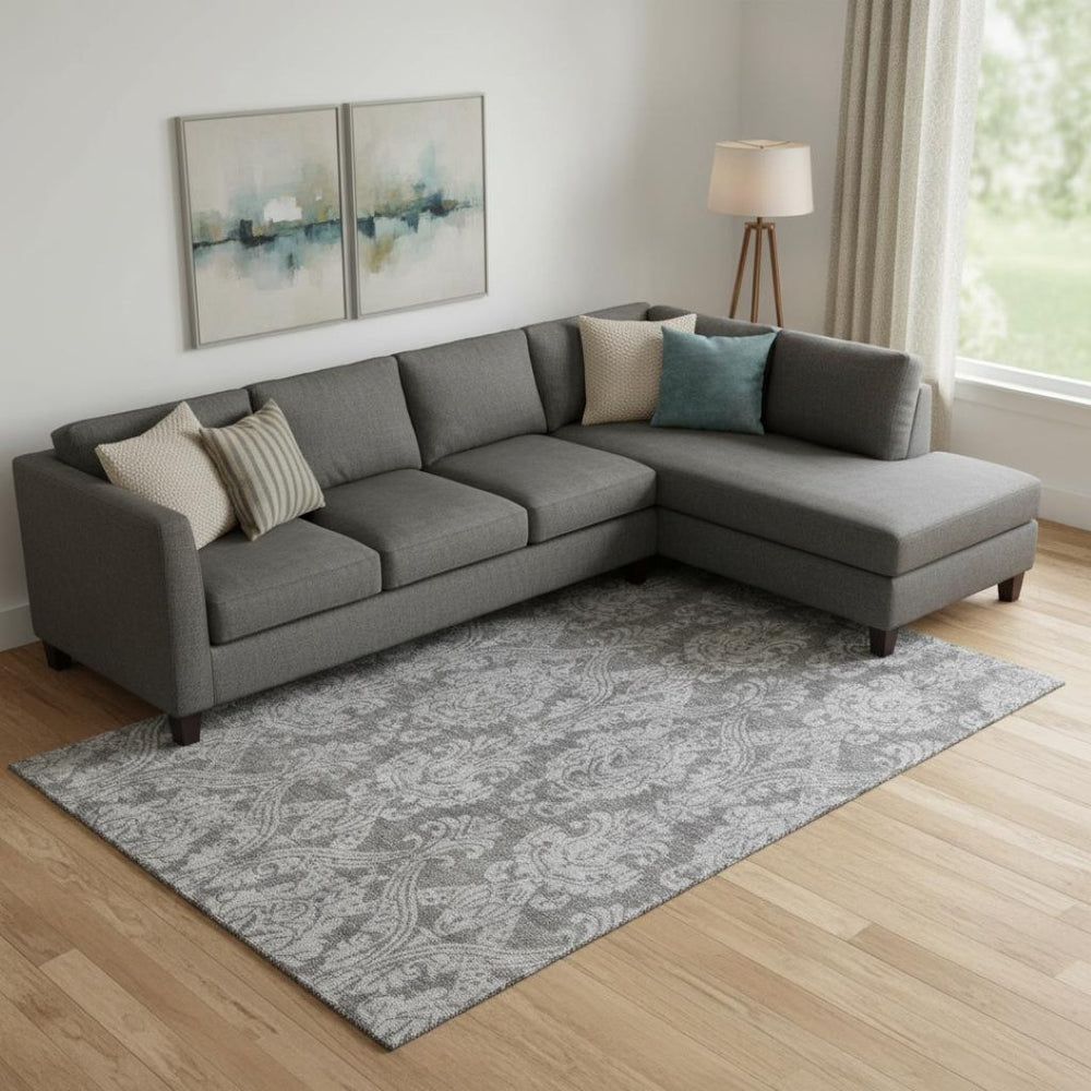 HomeRoots 9' X 12' Gray & Silver Damask Area Rug - Washable, UV-Protected, Durable Design for Every Room! 696367