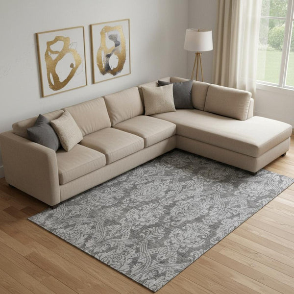 HomeRoots 10' Gray & Silver Damask Area Rug - Washable, UV Protected, Stain-Resistant for High-Traffic Spaces 696368