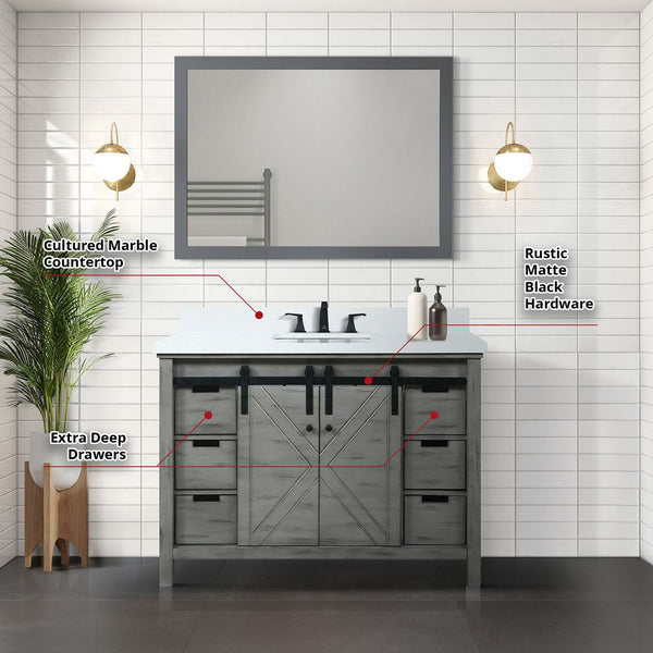 English Elm Ash Grey Bath Vanity 48 in. W x 22 in. D with Cultured Marble Top, Matte Black Faucet & 44 in Mirror Durable Finish B2731S01340