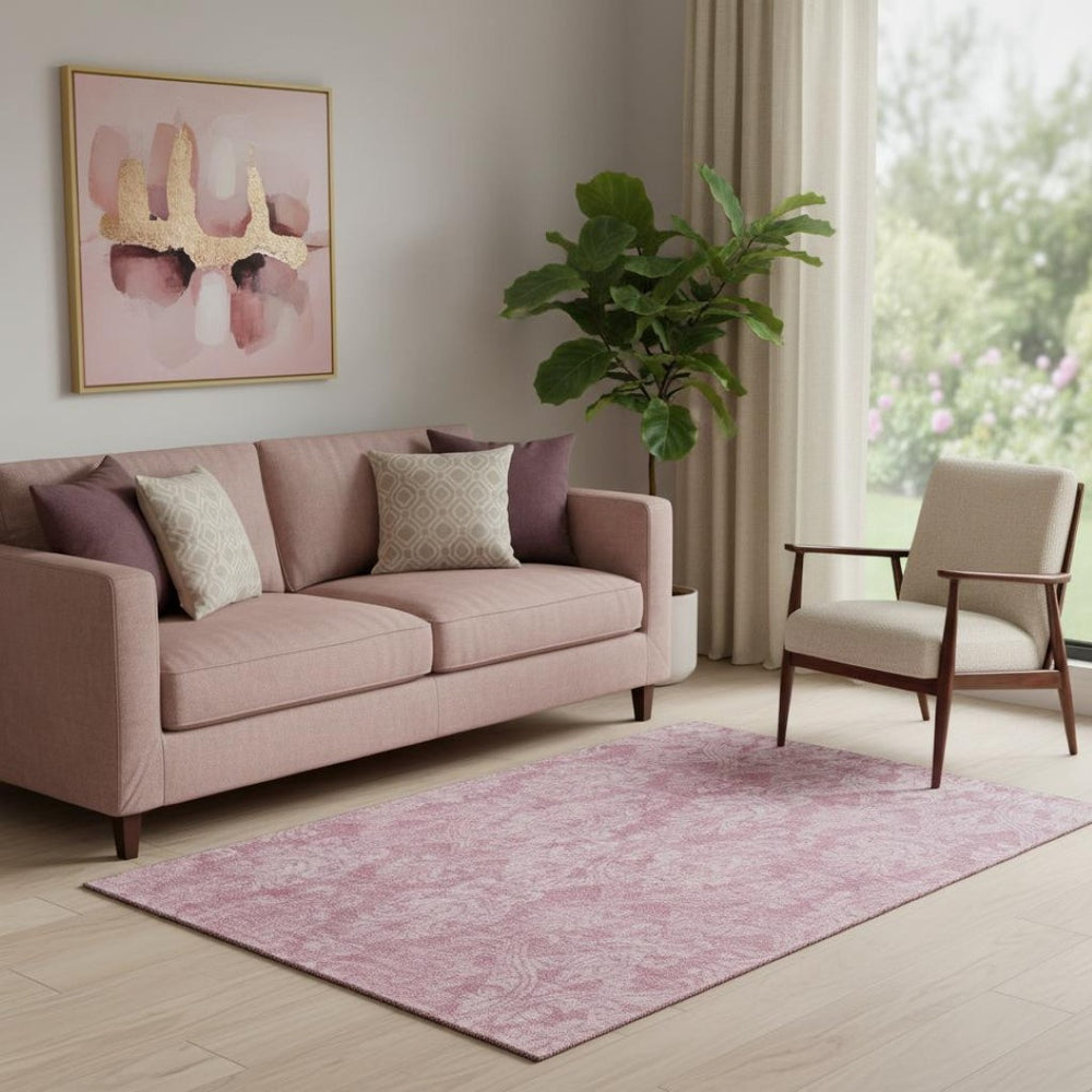 HomeRoots 5' X 8' Pink & Ivory Damask Washable Area Rug - UV Protected, Stylish, Durable & Easy Care Solution 696370