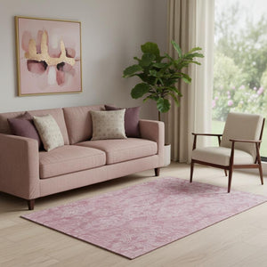 HomeRoots 5' X 8' Pink & Ivory Damask Washable Area Rug - UV Protected, Stylish, Durable & Easy Care Solution 696370