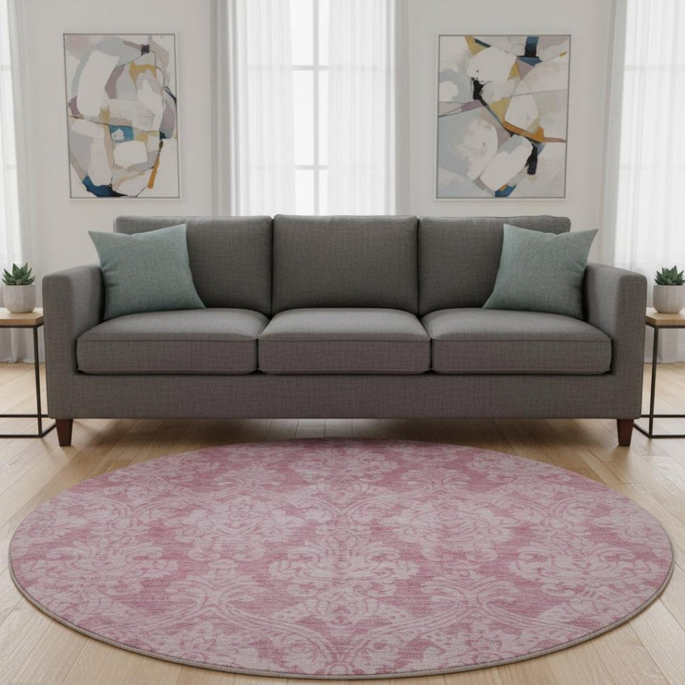 HomeRoots 8' Pink and Ivory Damask Round Rug - Durable, Washable, UV Protected for Stylish Spaces and Easy Care 696371