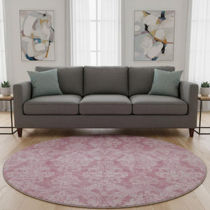 HomeRoots 8' Pink and Ivory Damask Round Rug - Durable, Washable, UV Protected for Stylish Spaces and Easy Care 696371