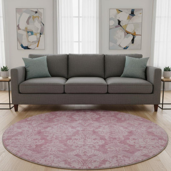 HomeRoots 8' Pink and Ivory Damask Round Rug - Durable, Washable, UV Protected for Stylish Spaces and Easy Care 696371