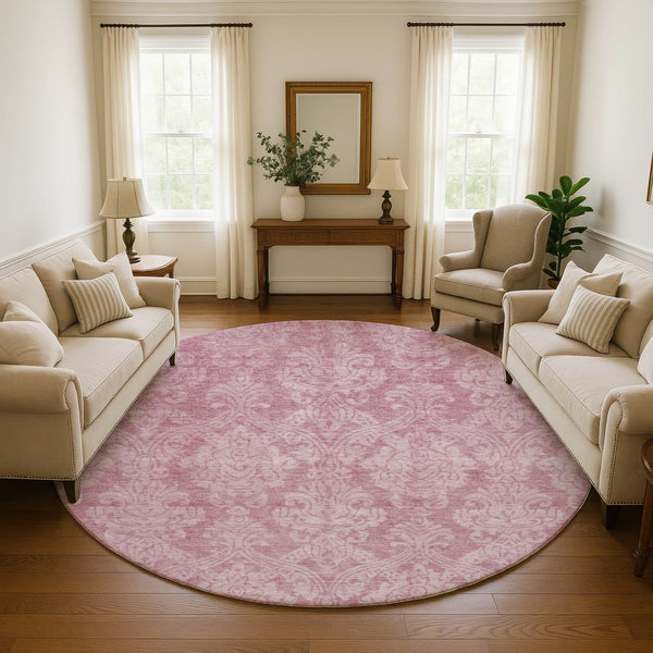 HomeRoots 8' Pink and Ivory Damask Round Rug - Durable, Washable, UV Protected for Stylish Spaces and Easy Care 696371