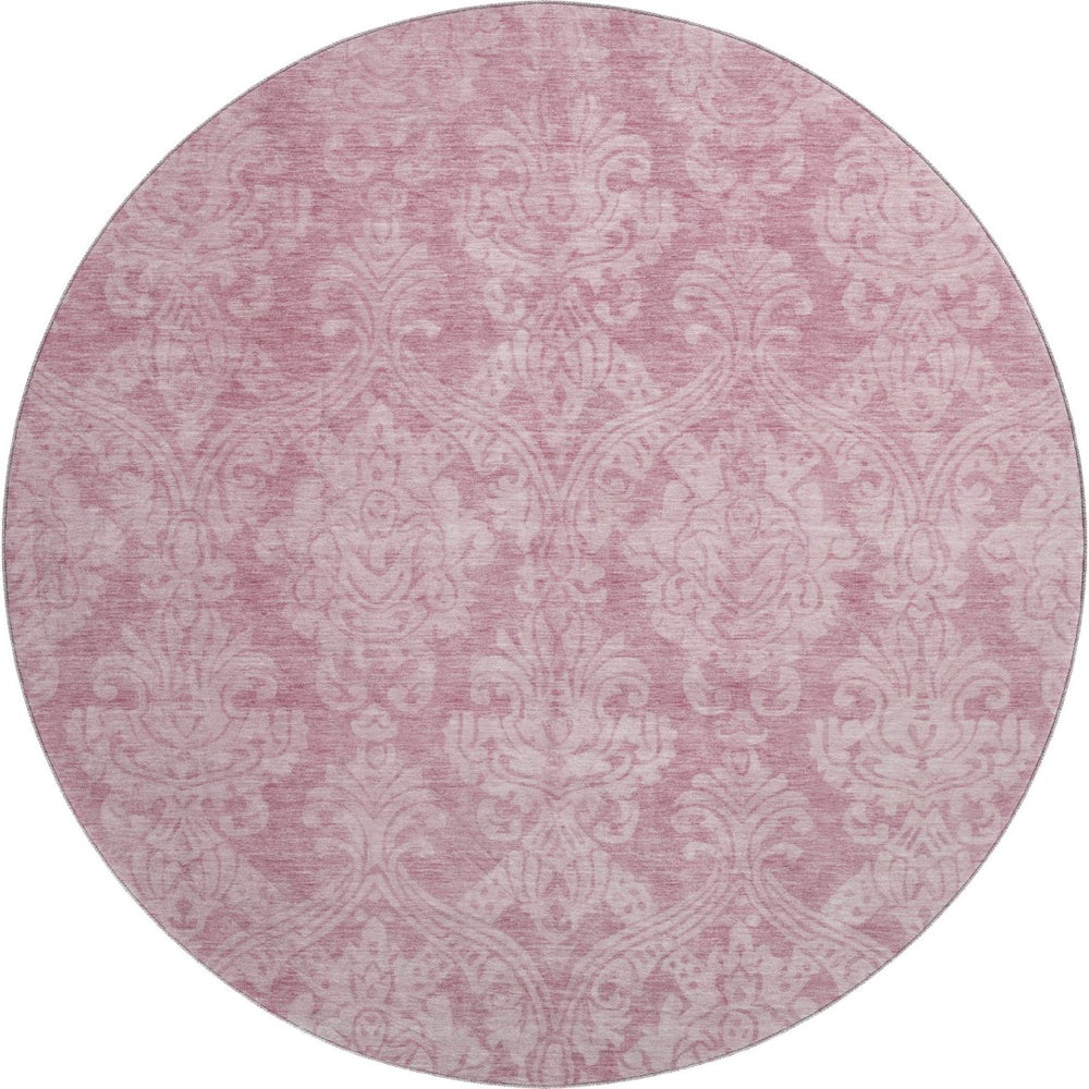HomeRoots 8' Pink and Ivory Damask Round Rug - Durable, Washable, UV Protected for Stylish Spaces and Easy Care 696371