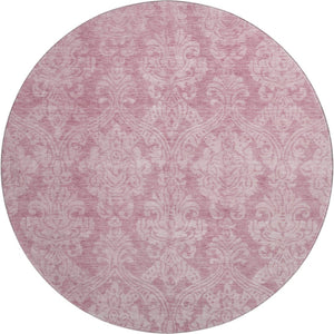 HomeRoots 8' Pink and Ivory Damask Round Rug - Durable, Washable, UV Protected for Stylish Spaces and Easy Care 696371