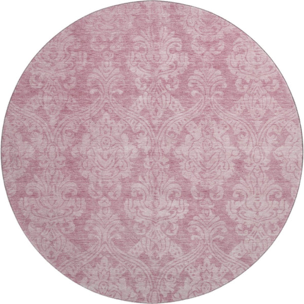 HomeRoots 8' Pink and Ivory Damask Round Rug - Durable, Washable, UV Protected for Stylish Spaces and Easy Care 696371