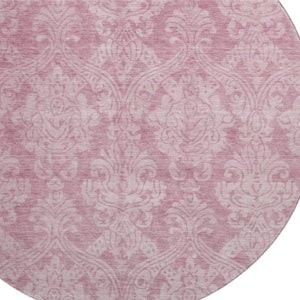 HomeRoots 8' Pink and Ivory Damask Round Rug - Durable, Washable, UV Protected for Stylish Spaces and Easy Care 696371
