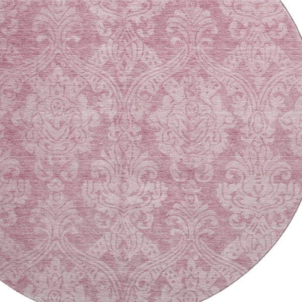 HomeRoots 8' Pink and Ivory Damask Round Rug - Durable, Washable, UV Protected for Stylish Spaces and Easy Care 696371