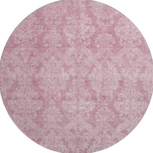 HomeRoots 8' Pink and Ivory Damask Round Rug - Durable, Washable, UV Protected for Stylish Spaces and Easy Care 696371