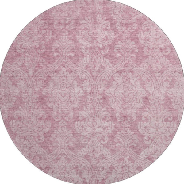 HomeRoots 8' Pink and Ivory Damask Round Rug - Durable, Washable, UV Protected for Stylish Spaces and Easy Care 696371