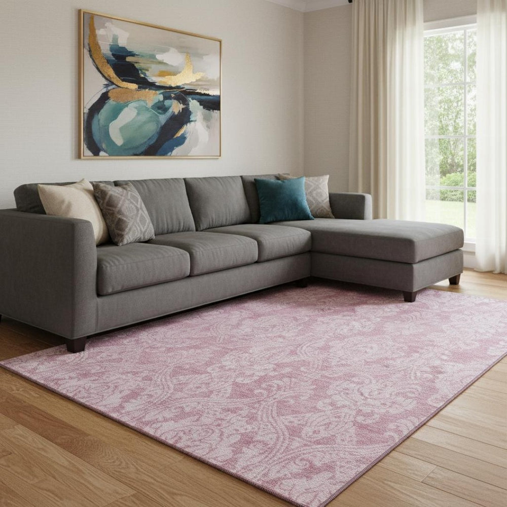 HomeRoots 8' X 10' Pink and Ivory Damask Washable Area Rug – Durable, Stylish, UV-Protected for Busy Homes 696372