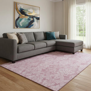 HomeRoots 8' X 10' Pink and Ivory Damask Washable Area Rug – Durable, Stylish, UV-Protected for Busy Homes 696372