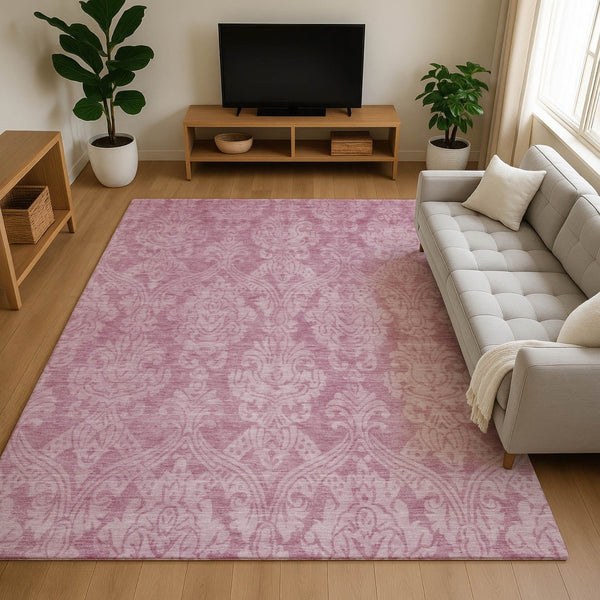 HomeRoots 8' X 10' Pink and Ivory Damask Washable Area Rug – Durable, Stylish, UV-Protected for Busy Homes 696372