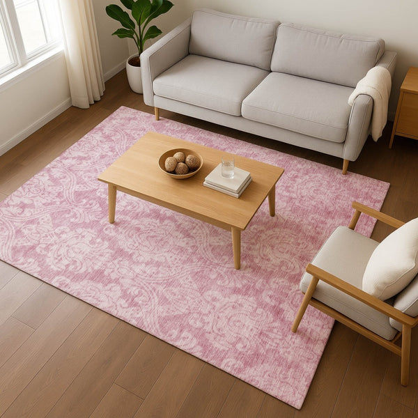 HomeRoots 8' X 10' Pink and Ivory Damask Washable Area Rug – Durable, Stylish, UV-Protected for Busy Homes 696372