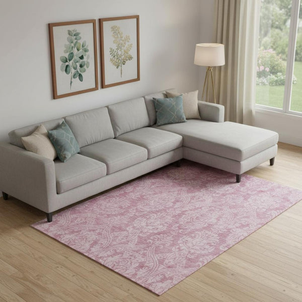 HomeRoots 9' X 12' Pink Damask Area Rug – Stylish Washable, UV Protected & Stain Resistant for Busy Homes 696373