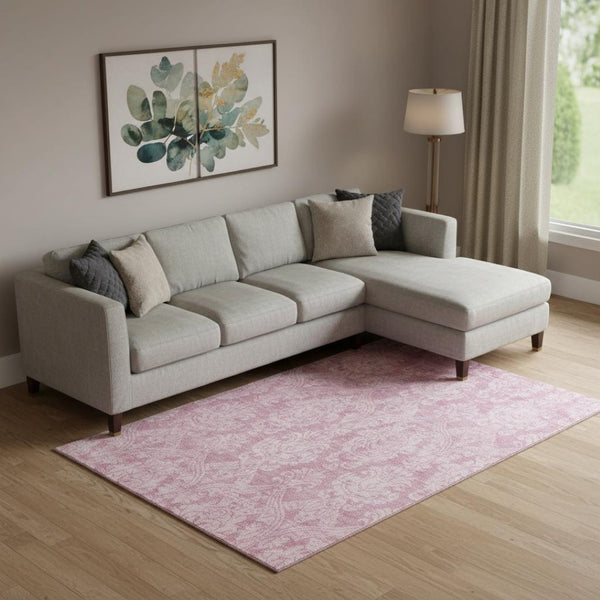 HomeRoots 10' Pink and Ivory Damask Washable Area Rug - Stylish, Durable, UV-Protected for Family Spaces 696374