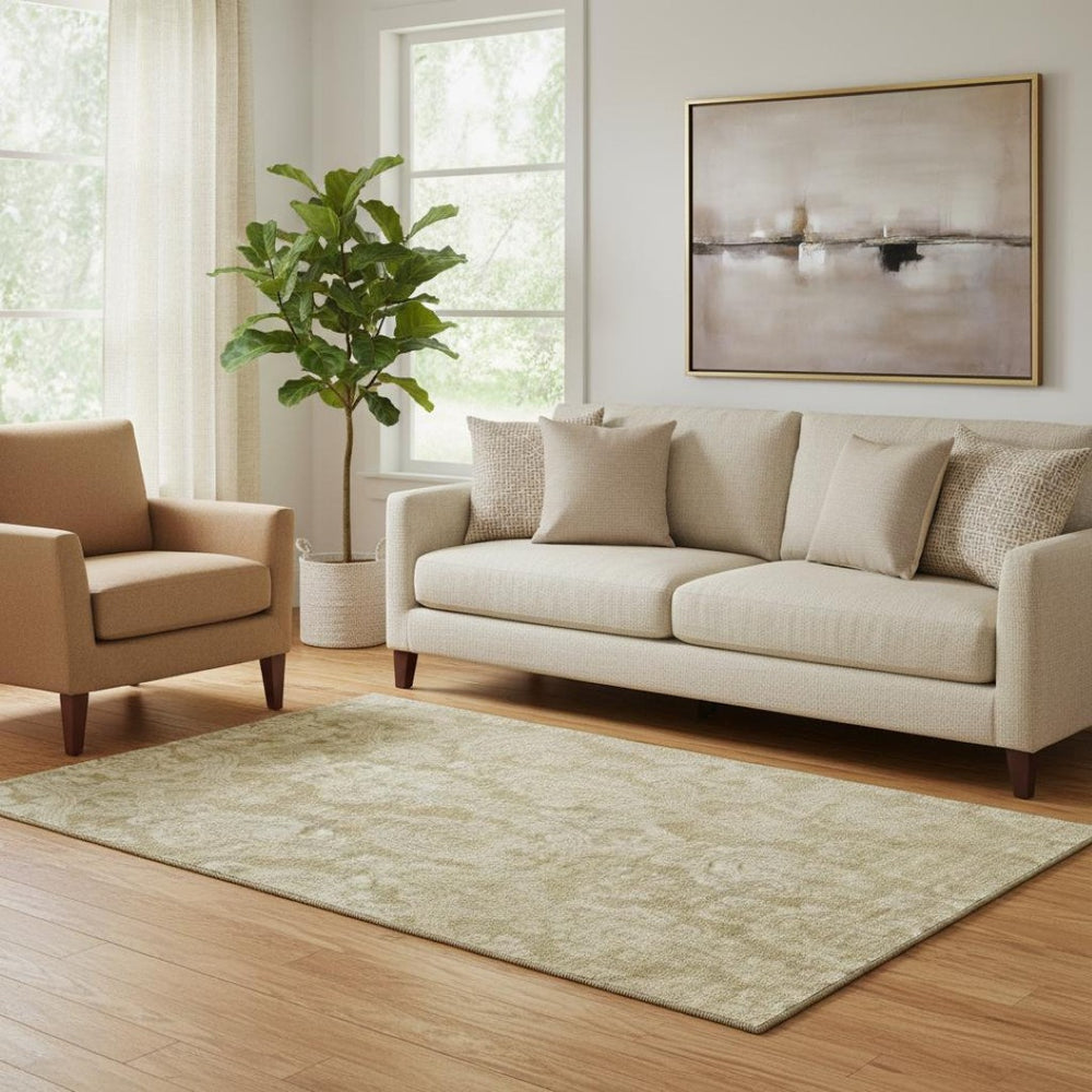HomeRoots 5' X 8' Tan and Beige Damask Area Rug - Washable, UV-Protected, Stain-Resistant for Homes with Pets! 696376