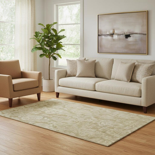 HomeRoots 5' X 8' Tan and Beige Damask Area Rug - Washable, UV-Protected, Stain-Resistant for Homes with Pets! 696376