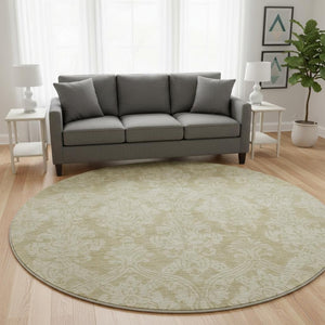 HomeRoots 8' Tan and Beige Damask Round Rug – Stylish, Washable, UV-Resistant, Perfect for Busy Homes! 696377