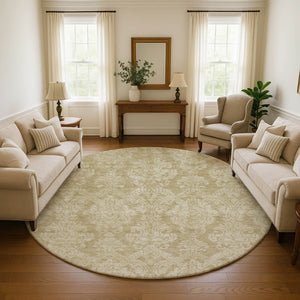 HomeRoots 8' Tan and Beige Damask Round Rug – Stylish, Washable, UV-Resistant, Perfect for Busy Homes! 696377