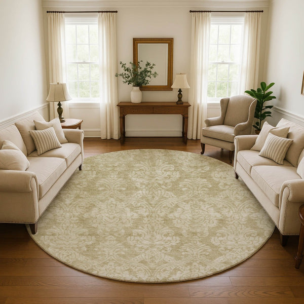 HomeRoots 8' Tan and Beige Damask Round Rug – Stylish, Washable, UV-Resistant, Perfect for Busy Homes! 696377