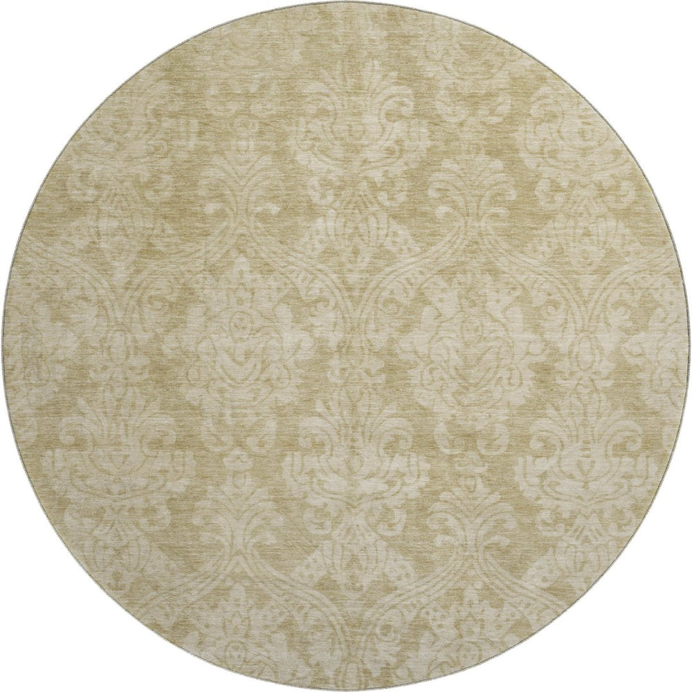 HomeRoots 8' Tan and Beige Damask Round Rug – Stylish, Washable, UV-Resistant, Perfect for Busy Homes! 696377