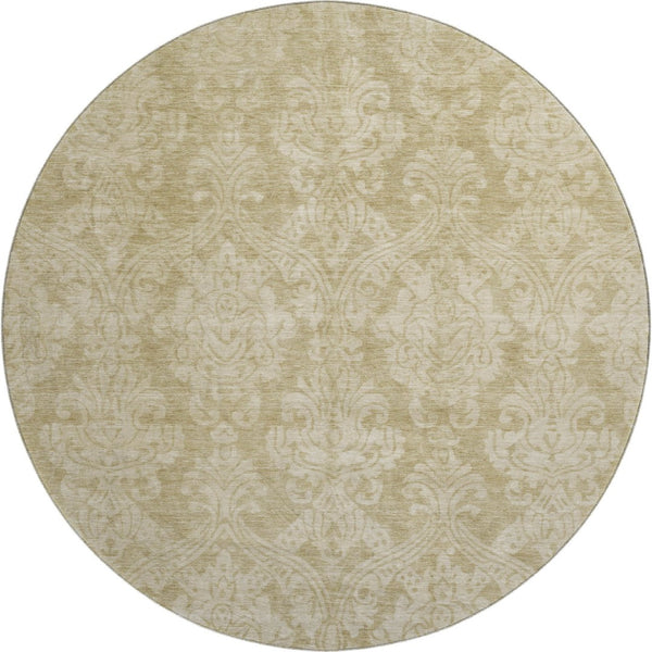 HomeRoots 8' Tan and Beige Damask Round Rug – Stylish, Washable, UV-Resistant, Perfect for Busy Homes! 696377