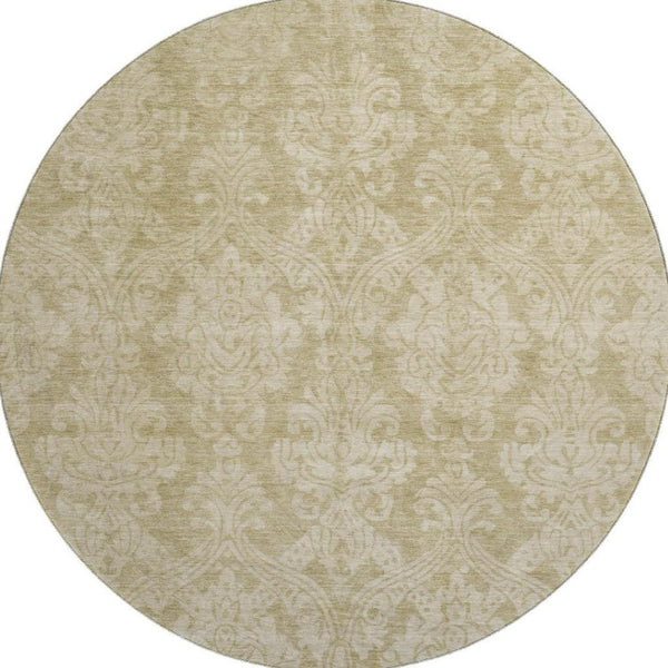 HomeRoots 8' Tan and Beige Damask Round Rug – Stylish, Washable, UV-Resistant, Perfect for Busy Homes! 696377