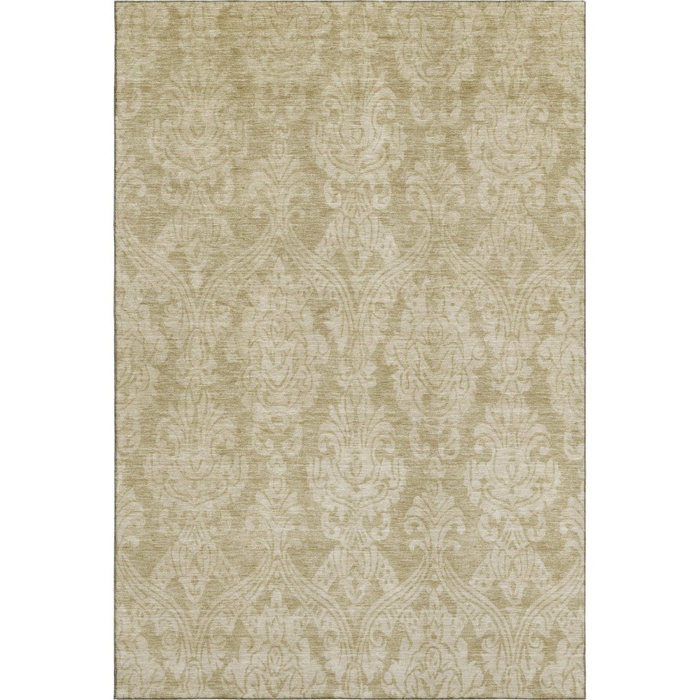 HomeRoots 8' X 10' Tan and Beige Damask Area Rug - Durable, Stain-Resistant, UV Protected for Family Spaces 696378