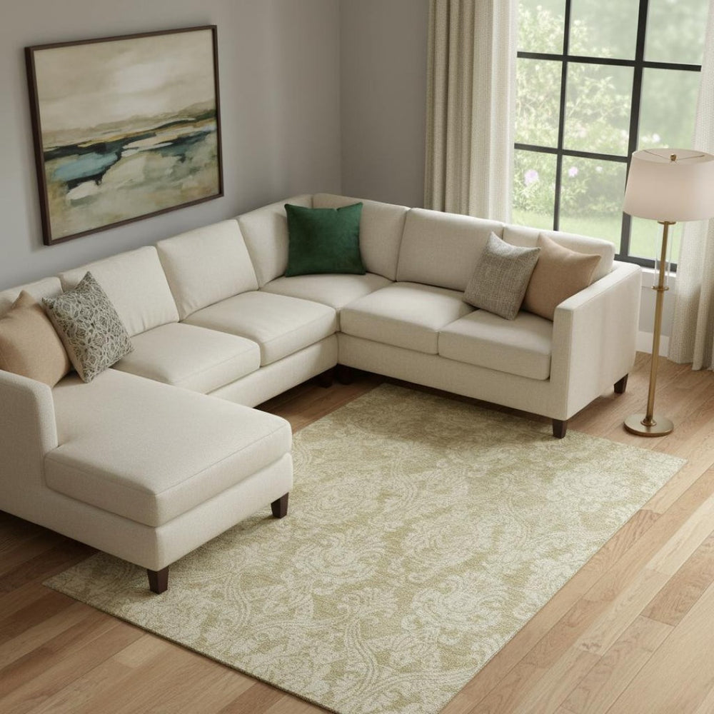 HomeRoots 9' X 12' Elegant Tan and Beige Damask Area Rug – Washable, UV-Protected, Stain-Resistant Design! 696379