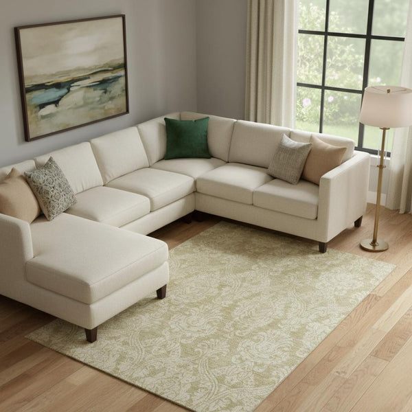 HomeRoots 9' X 12' Elegant Tan and Beige Damask Area Rug – Washable, UV-Protected, Stain-Resistant Design! 696379