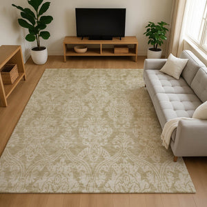 HomeRoots 9' X 12' Elegant Tan and Beige Damask Area Rug – Washable, UV-Protected, Stain-Resistant Design! 696379
