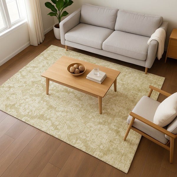 HomeRoots 9' X 12' Elegant Tan and Beige Damask Area Rug – Washable, UV-Protected, Stain-Resistant Design! 696379