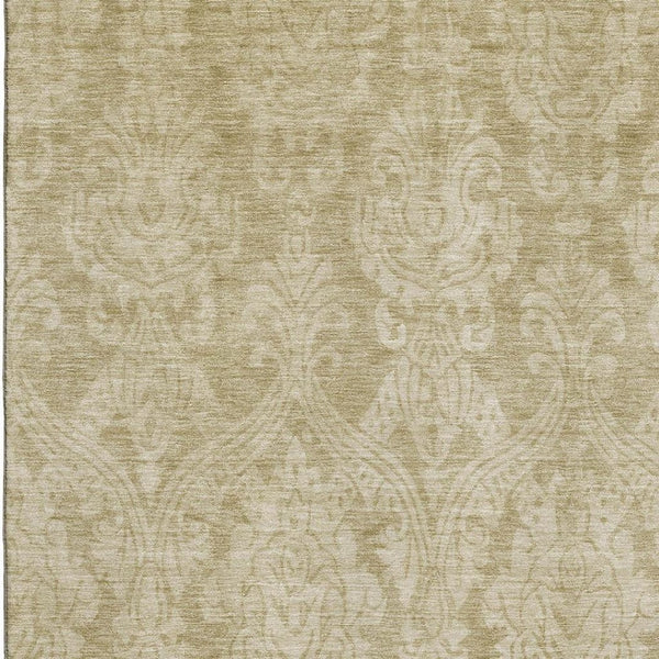 HomeRoots 9' X 12' Elegant Tan and Beige Damask Area Rug – Washable, UV-Protected, Stain-Resistant Design! 696379