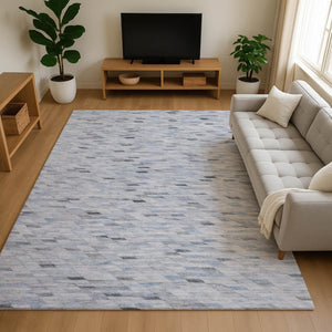 HomeRoots 5' X 8' Geometric Blue Gray & Ivory Washable Area Rug with UV Protection for Modern Homes 696382