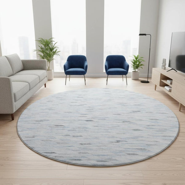 HomeRoots 8' Modern Blue Gray & Ivory Geometric Round Rug - Washable, UV-Protected, Durable & Stylish Design 696383