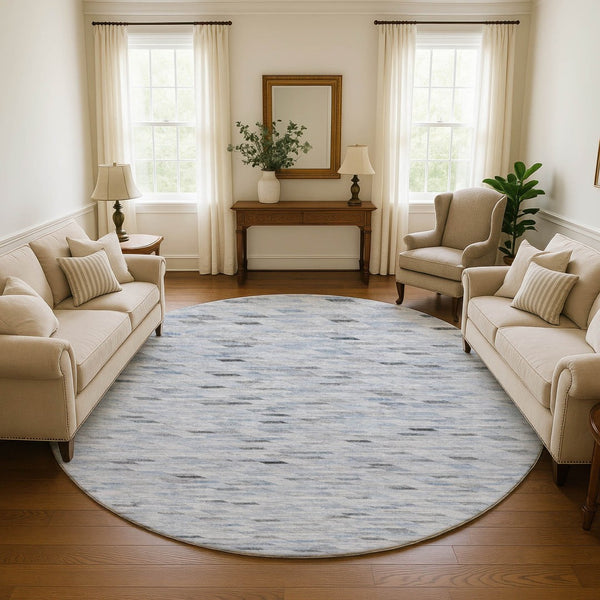 HomeRoots 8' Modern Blue Gray & Ivory Geometric Round Rug - Washable, UV-Protected, Durable & Stylish Design 696383