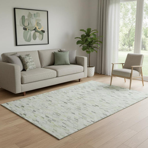 HomeRoots 5' Geometric Area Rug in Green, Gray & Ivory – Washable, UV Protected, Stain-Resistant & Non-Slip 696388