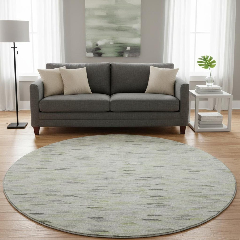 HomeRoots 8' Green Gray And Ivory Geometric Round Rug - Washable, UV Resistant, Ideal for High-Traffic Homes 696389