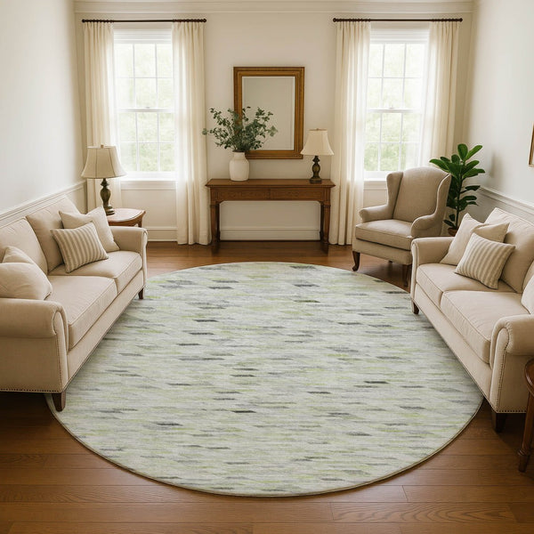 HomeRoots 8' Green Gray And Ivory Geometric Round Rug - Washable, UV Resistant, Ideal for High-Traffic Homes 696389