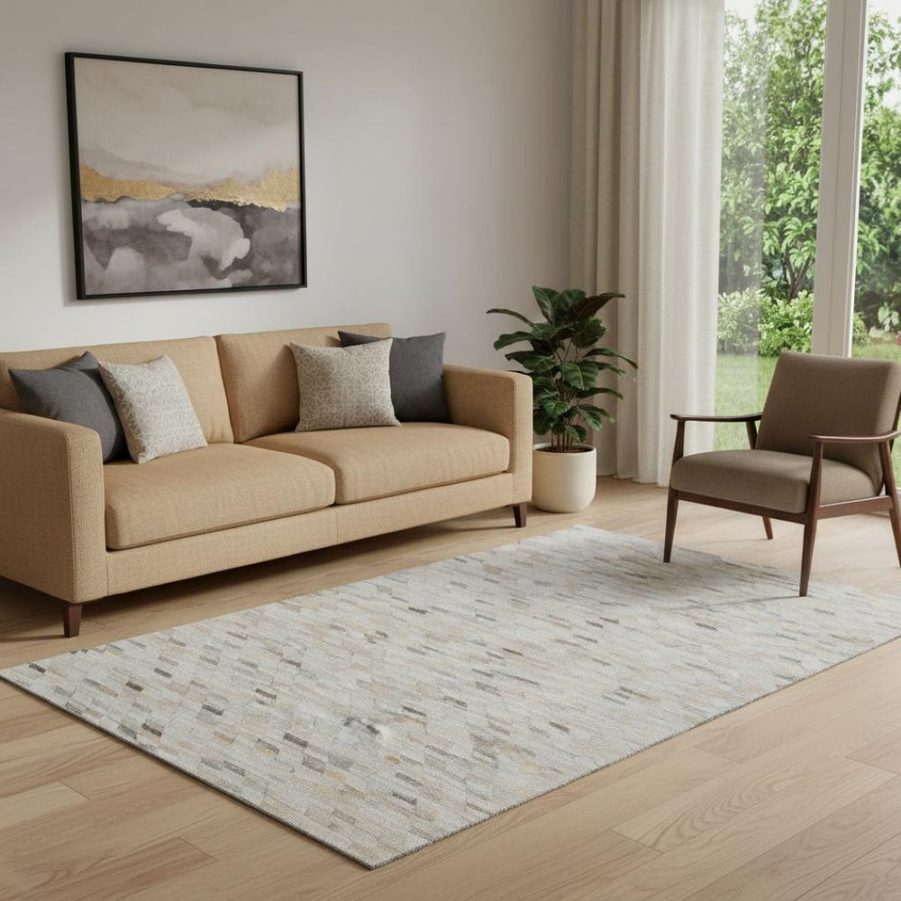 HomeRoots 5' X 8' Stylish Washable Area Rug in Linen Gray & Ivory - Geometric Design with UV & Stain Protection 696394
