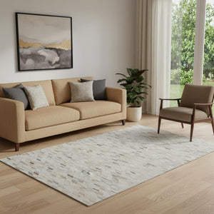 HomeRoots 5' X 8' Stylish Washable Area Rug in Linen Gray & Ivory - Geometric Design with UV & Stain Protection 696394